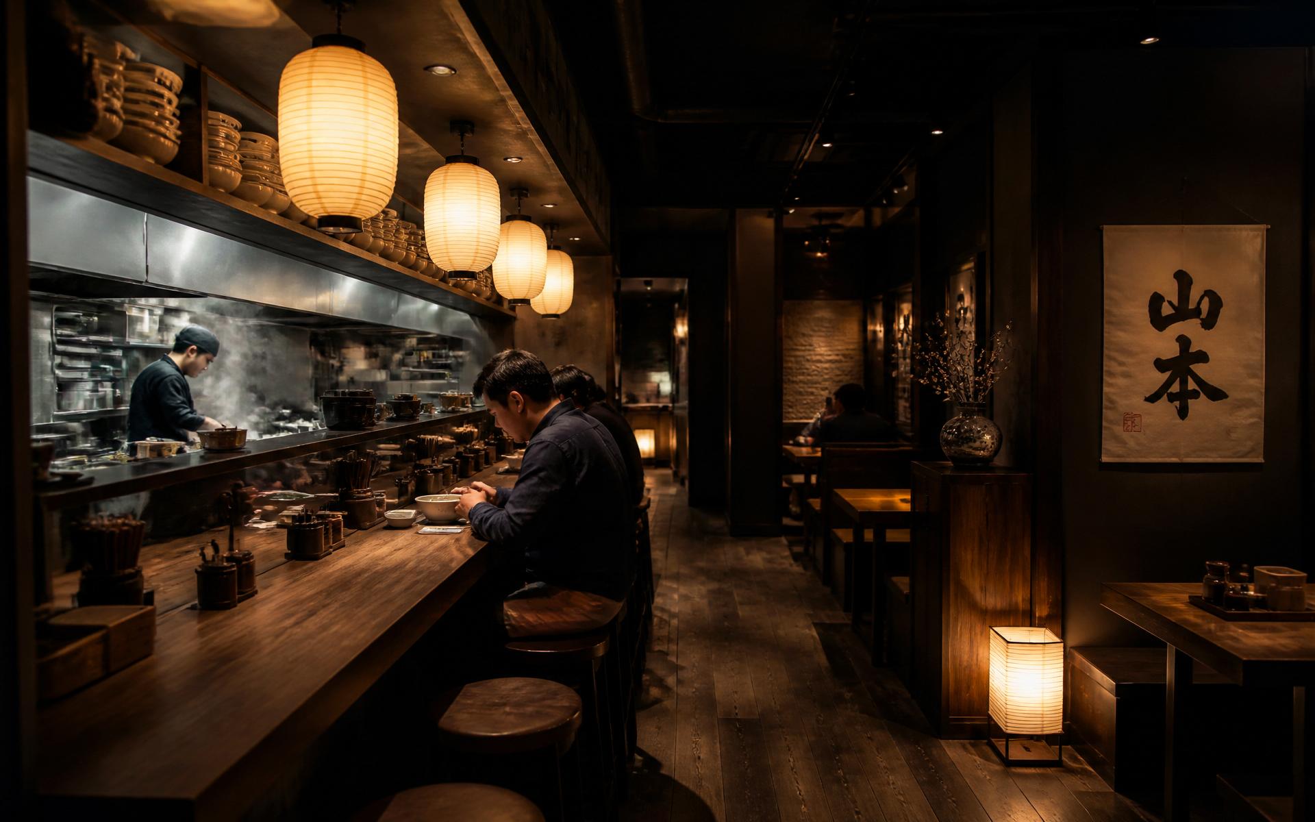 Inside Yamamoto: dark wood counter, glowing paper lanterns